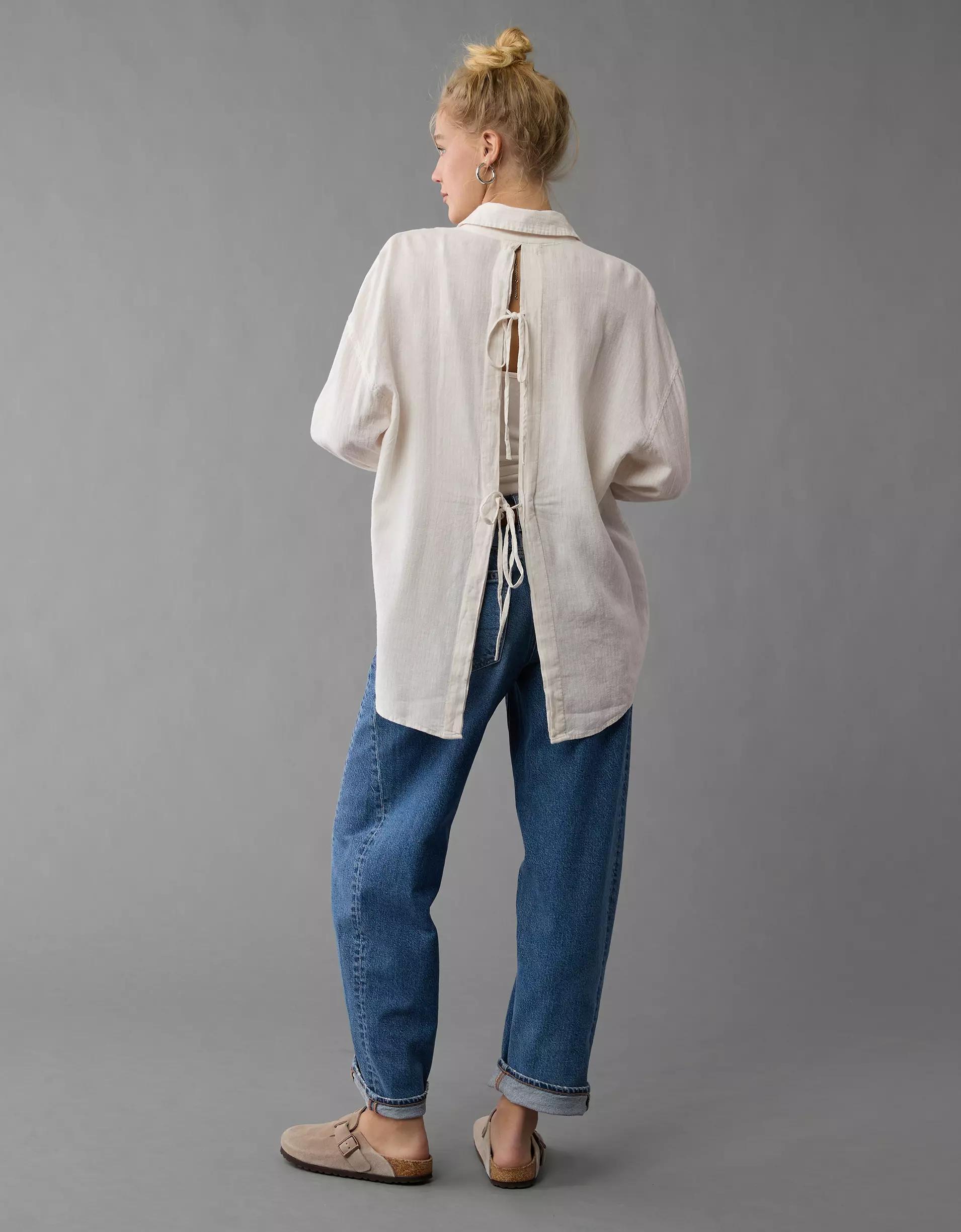 AE Linen-Blend Long-Sleeve Tie Back Button-Up Shirt Product Image