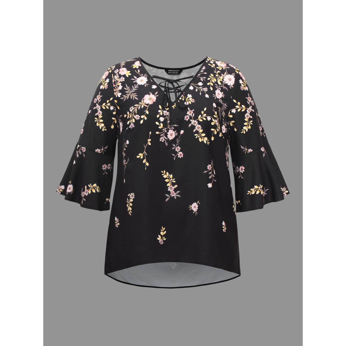 Plus Size BlackFlower Gradient Floral Ruffle Sleeves Blouse Women Elegant Elbow-length sleeve V-neck Everyday Blouses BloomChic 22-24/3X Product Image