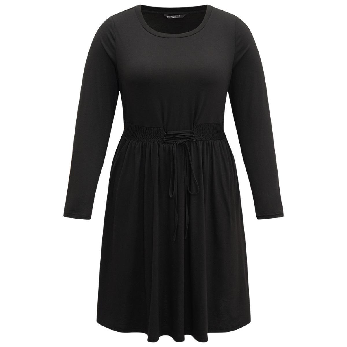 Plus Size Plain Lace Up Shirred Pocket Round Neck Dress Black Women Casual Plain Round Neck Long Sleeve Curvy Midi Dress BloomChic 10/M Product Image