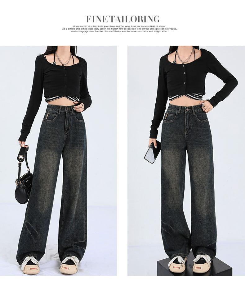 High Waist Washed Straight Leg Jeans Product Image