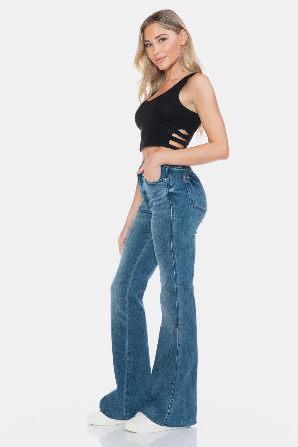 88472   Paislee Mid-Rise Tummy Control Cut Hem Flare Judy Blue Jeans Product Image