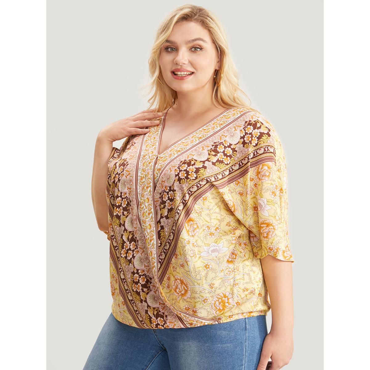 Plus Size Yellow Floral Print Surplice Neck Blouse Women Vacation Half Sleeve V-neck Dailywear Blouses BloomChic 10/M Product Image