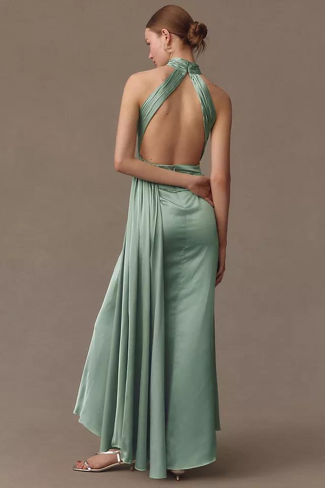 Ieena for Mac Duggal High-Neck Open-Back Ruched Side-Slit Satin Maxi Dress Product Image