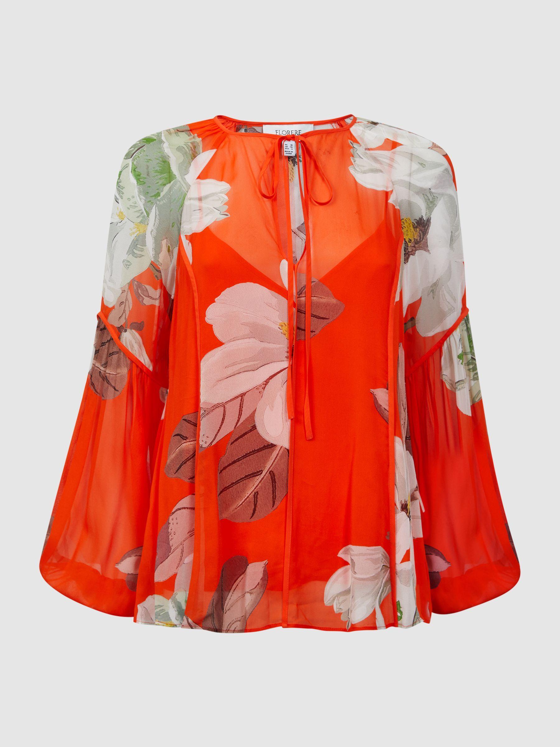Florere Sheer Floral Tie Neck Blouse in Orange Product Image