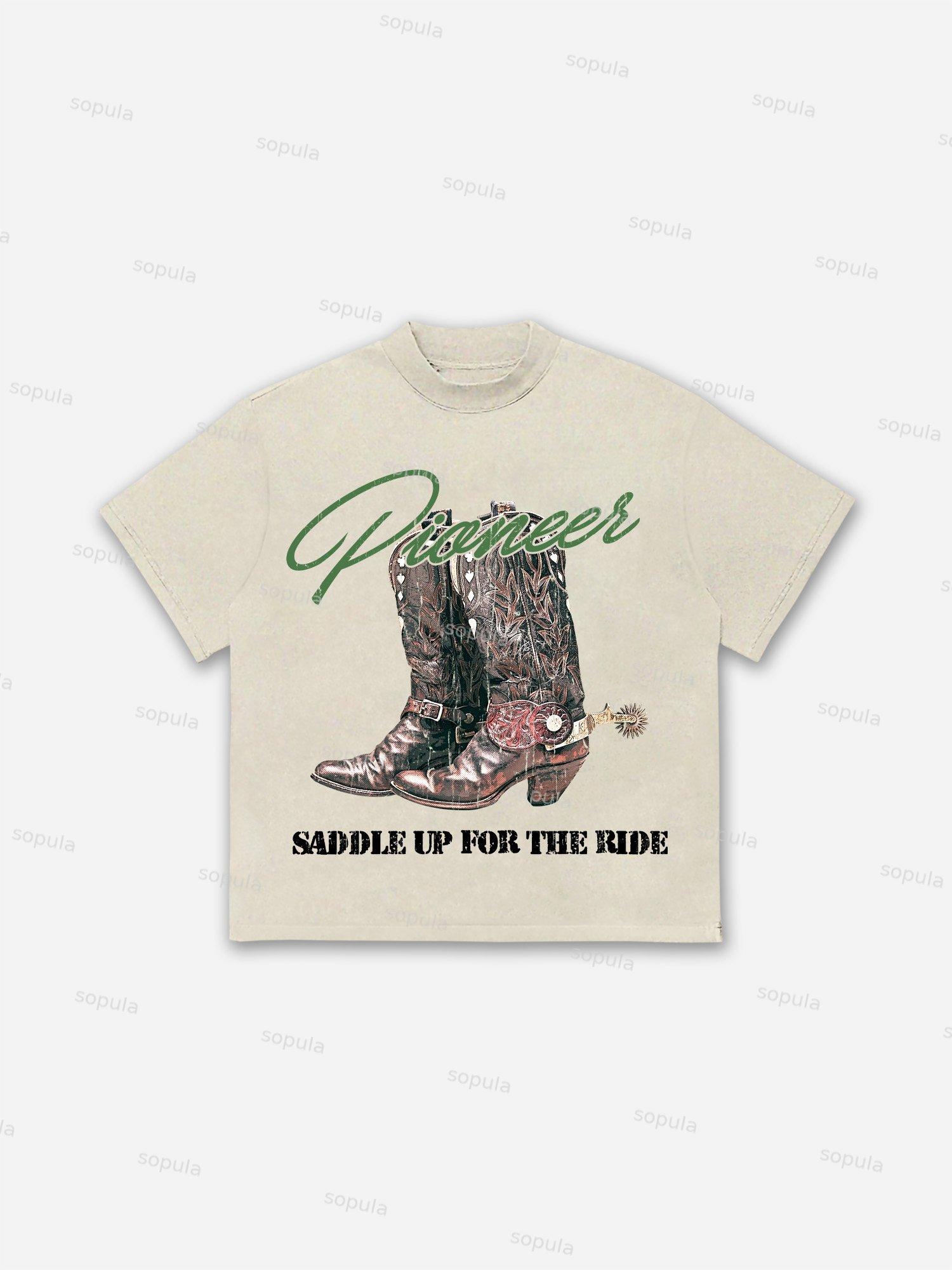 Vintage Pioneer Western Cowboy Boots Graphic Cotton T-shirt Product Image