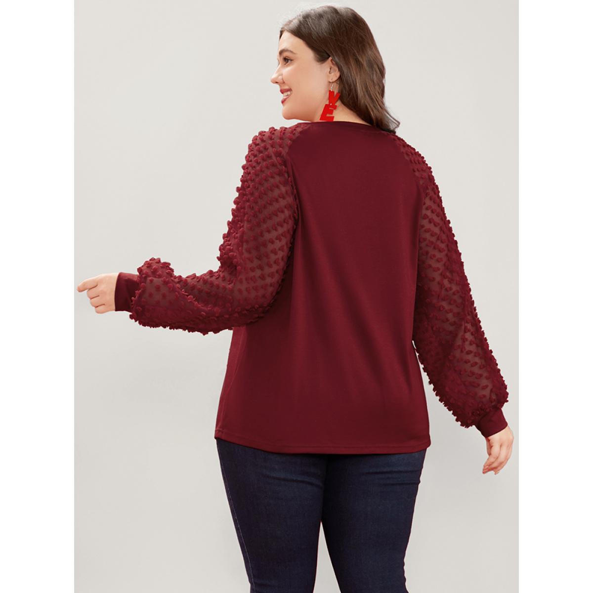 Plus Size Solid Mesh Patchwork Embroidered Round Neck Long Tee Scarlet Women Elegant See through Plain Round Neck Dailywear T-shirts BloomChic 18-20/2X Product Image