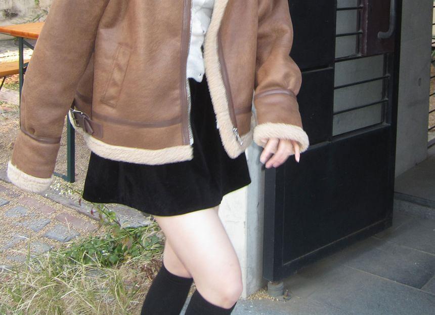 Stand Collar Faux Shearling Zip Jacket Product Image