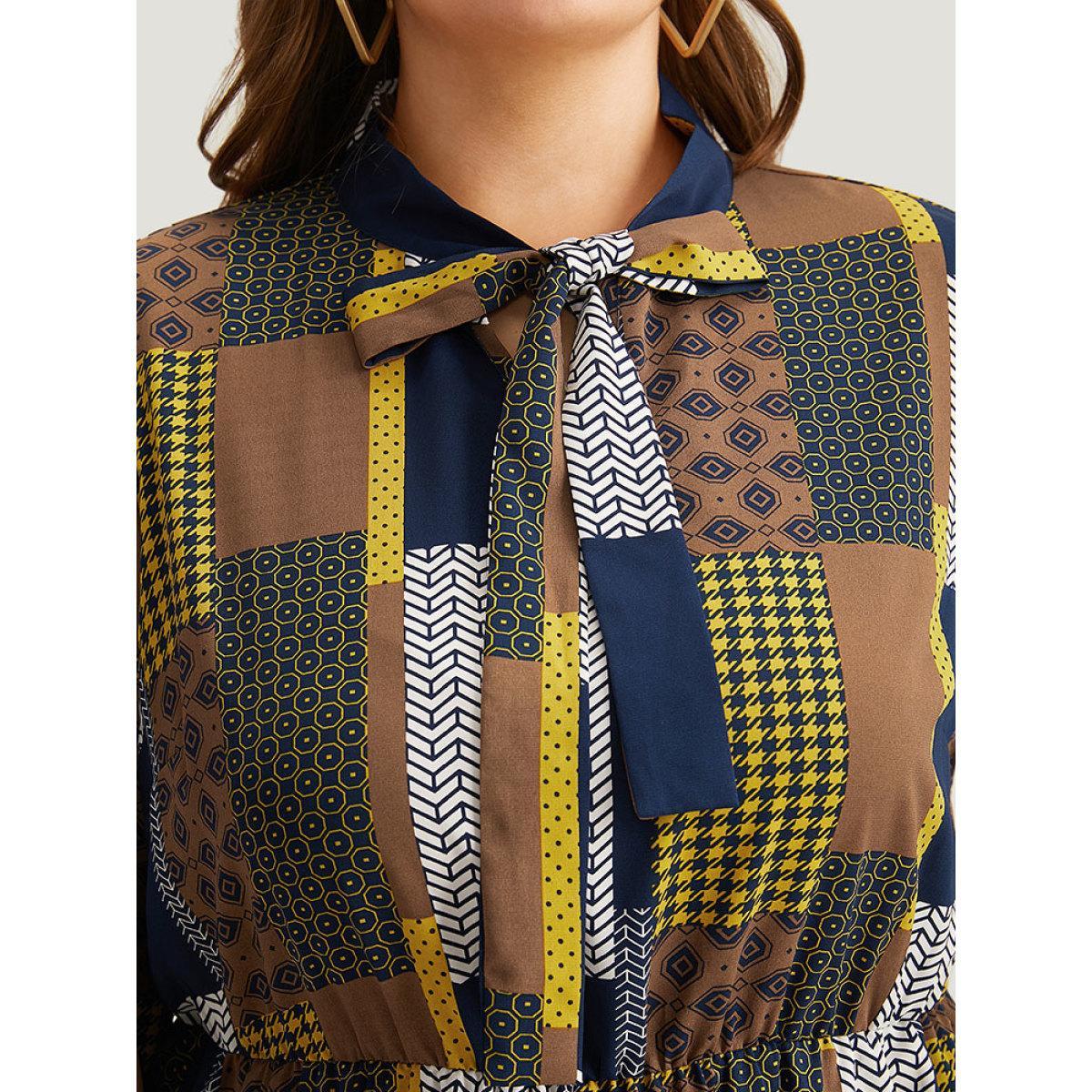 Plus Size Colorblock Patchwork Lantern Sleeve Knot Dress Multicolor Women Office Cross straps Tie Neck Long Sleeve Curvy Midi Dress BloomChic 30/6X Product Image