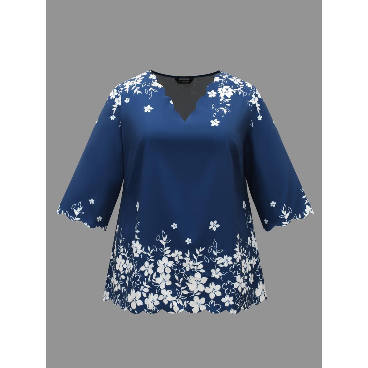 Plus Size Indigo Laser Cut Floral Boho Print Blouse Women Elegant Elbow-length sleeve V-neck Everyday Blouses BloomChic 18-20/2X Product Image