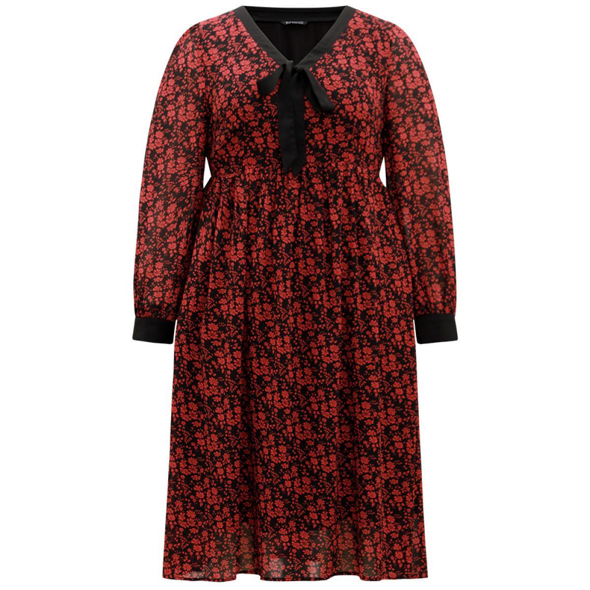 Plus Size Ditsy Floral Patchwork Elastic Waist Ties Dress Black Women Vacation Cross straps Tie Neck Long Sleeve Curvy Midi Dress BloomChic 10/M Product Image