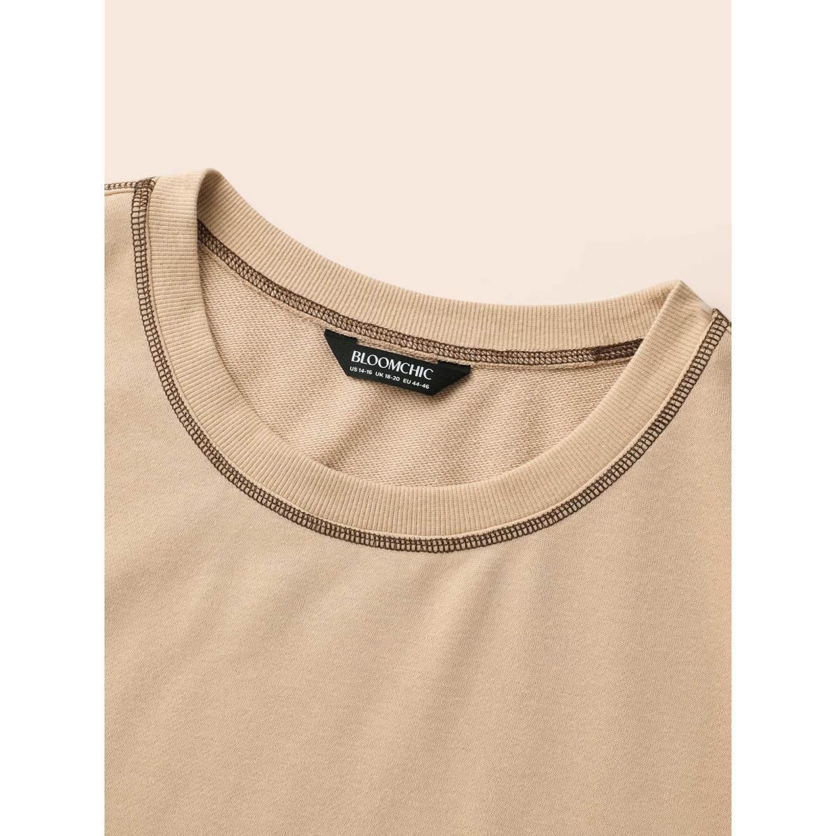 Plus Size Round Neck Topstitching Patchwork Sweatshirt Women Champagne Casual Topstitching Round Neck Everyday Sweatshirts BloomChic 10/M Product Image