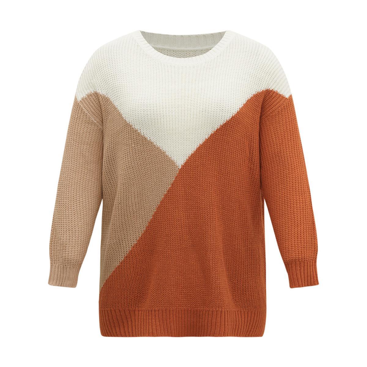 Plus Size Colorblock Split Side Drop Shoulder Pullover Multicolor Women Casual Loose Long Sleeve Round Neck Dailywear Pullovers BloomChic 30/6X Product Image
