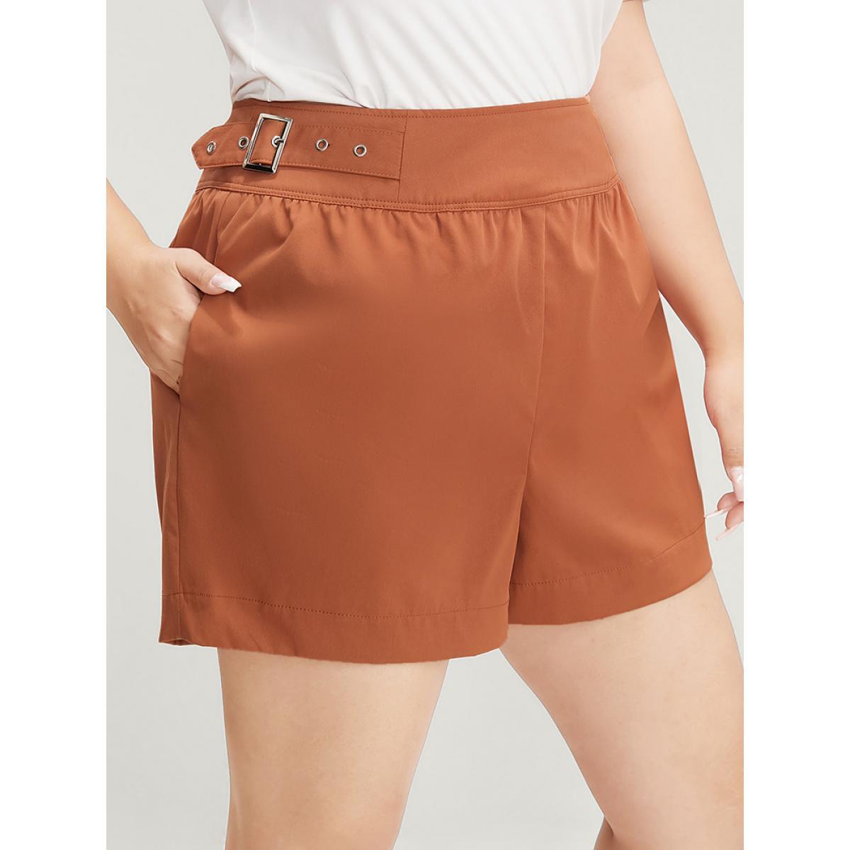 Plus Size Solid Buckle Detail Zipper Back Shorts Women Rust Office Plain Loose Dailywear Shorts BloomChic 10/M Product Image