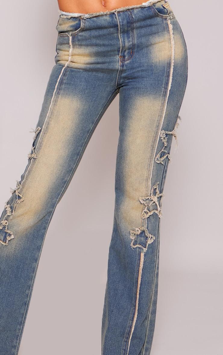Indigo Vintage Wash Raw Hem Star Embroidery Flared Jeans Product Image
