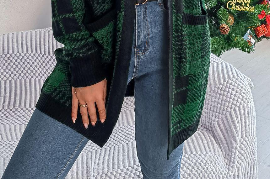 Plaid Contrast Trim Open Front Long Cardigan Product Image