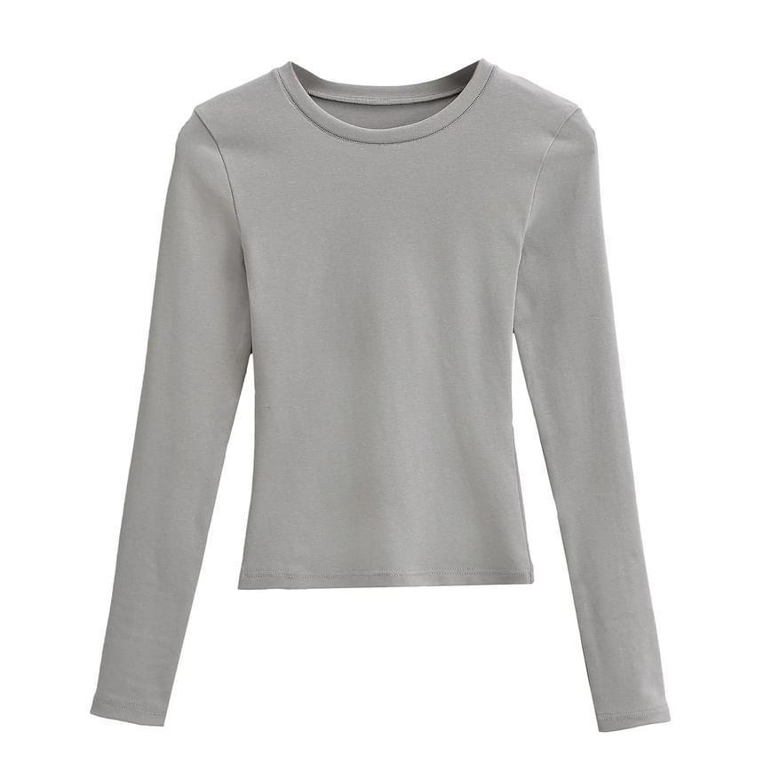 Long-Sleeve Crew Neck Plain Crop T-Shirt Product Image