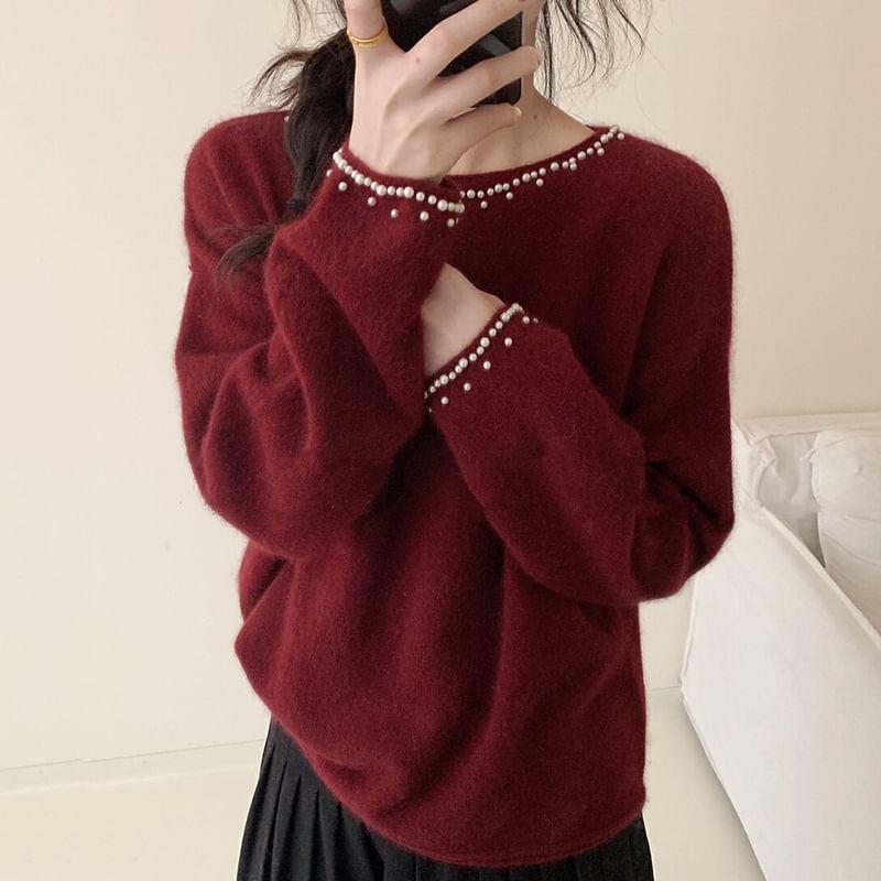 Boat Neck Plain Faux Pearl Accent Sweater Product Image