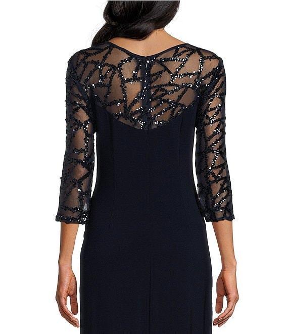 Le Bos Stretch Sequin Lace Mesh Crew Neck 3/4 Illusion Sleeves Back Slit Column Dress Product Image