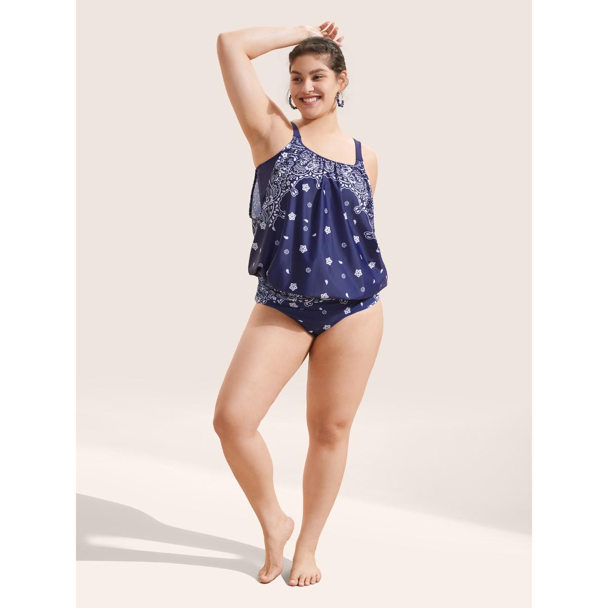 Plus Size Ruched Bandana Print High Rise Swim Bottom Women's Swimwear Navy Beach Non High stretch Skinny High Rise Curve Swim Bottoms BloomChic 26/4X Product Image