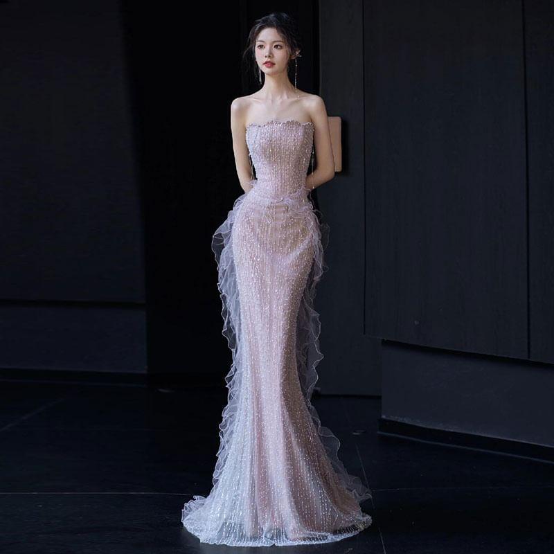 Off Shoulder Ruffle Trim Mermaid Evening Gown Product Image