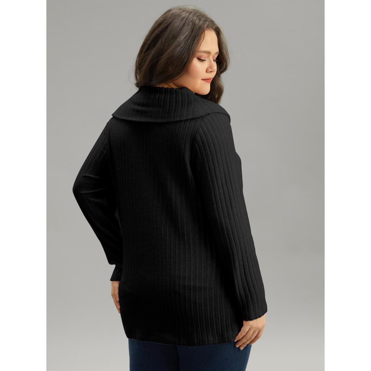 Plus Size Plain Rib Knit Cowl Neck T-shirt Black Women Elegant Texture Plain Ruffled collar Dailywear T-shirts BloomChic 22-24/3X Product Image