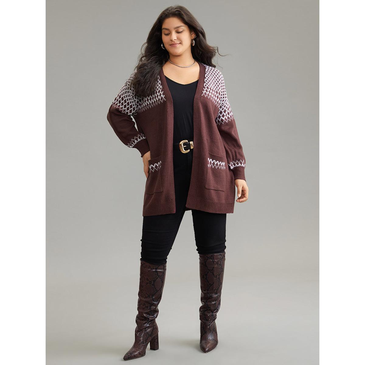 Plus Size Geometric Contrast Patched Pocket Jacquard Cardigan DarkBrown Women Casual Loose Long Sleeve Dailywear Cardigans BloomChic 12/L Product Image