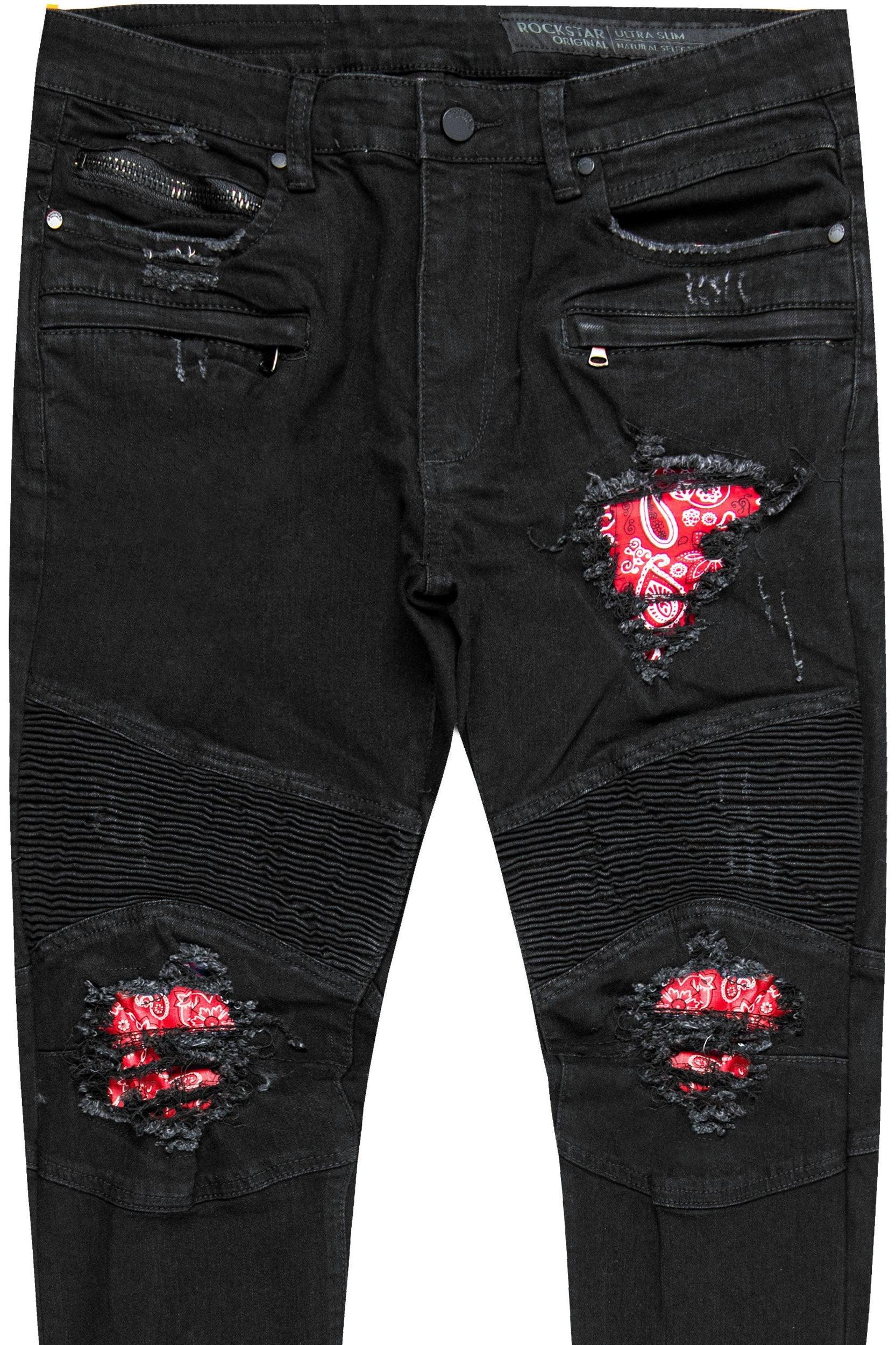 Bruce Biker Patch Jean- Blk/Red Male Product Image