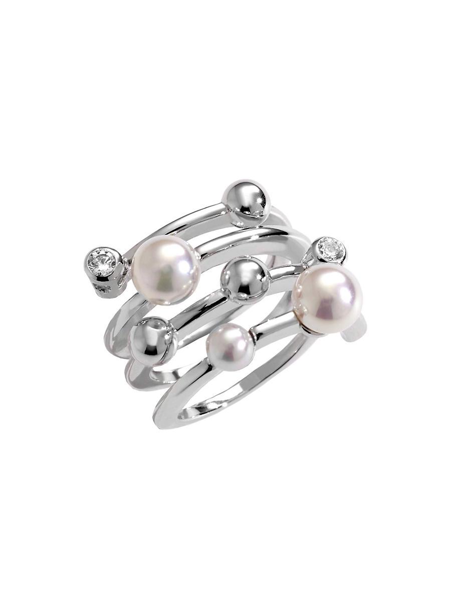 Womens Planet Rhodium-Plated Silver, Cubic Zirconia & Faux White Pearl Spiral Ring Product Image
