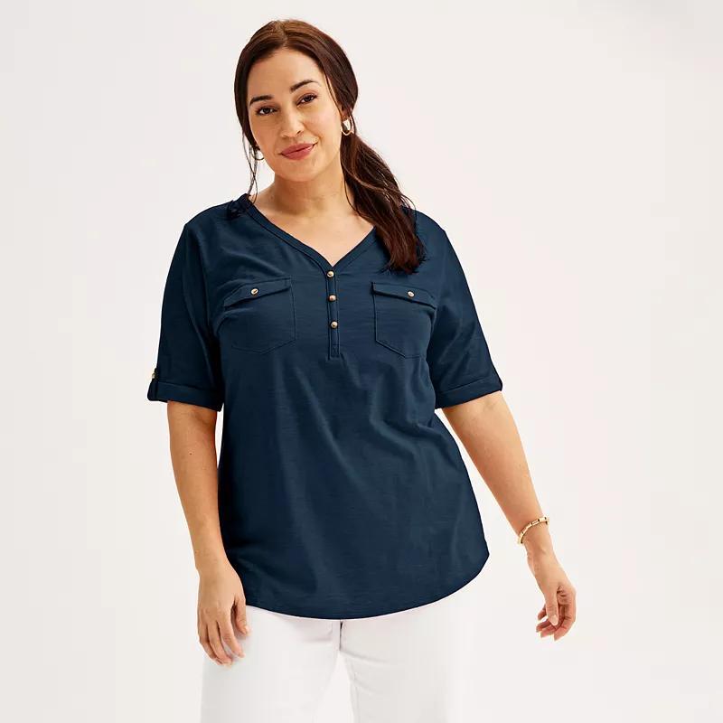 Plus Croft & Barrow Elbow Sleeve Utility Henley Top, Womens Product Image