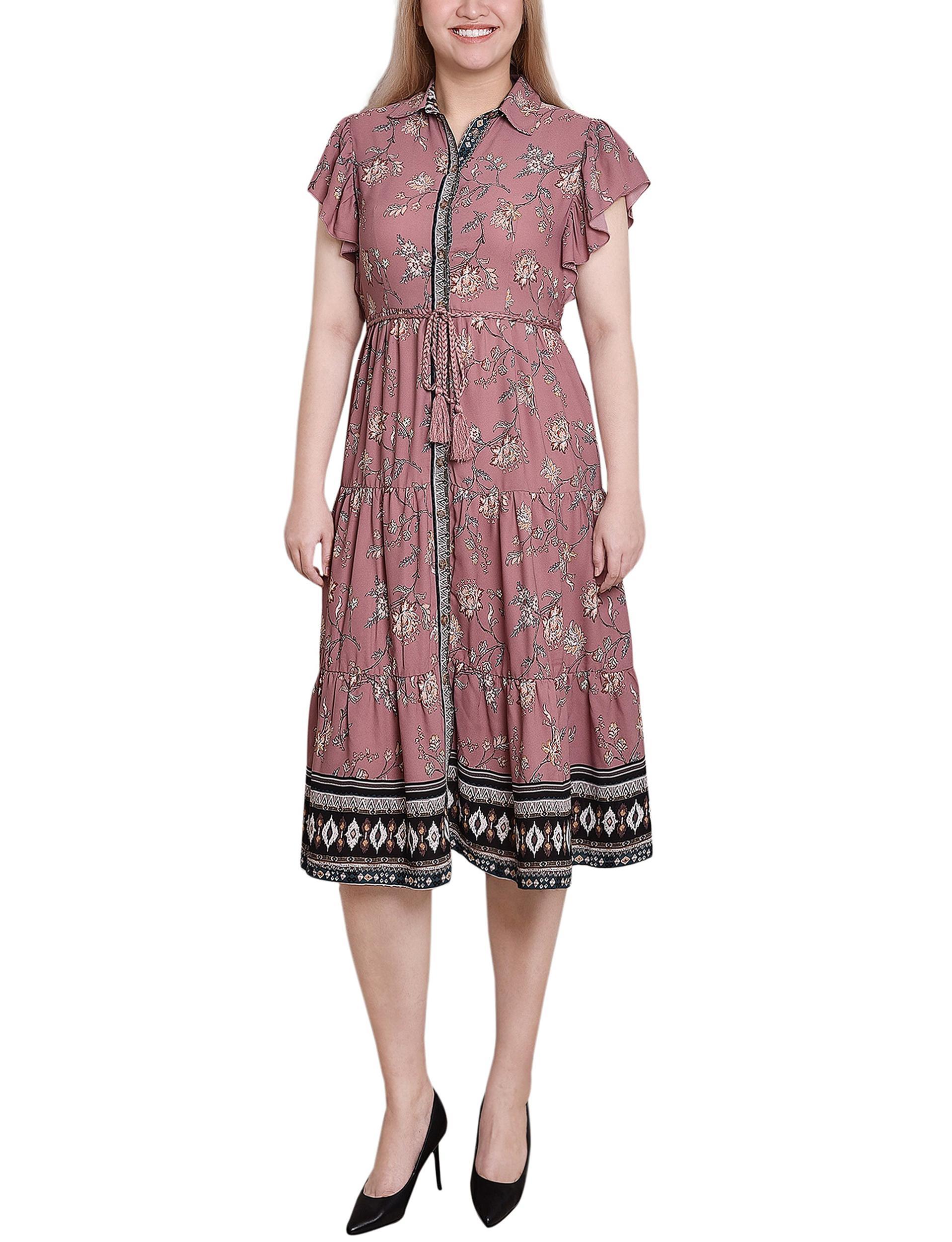 Mauve Floral Short Sleeve Tiered Border Print Dress Product Image