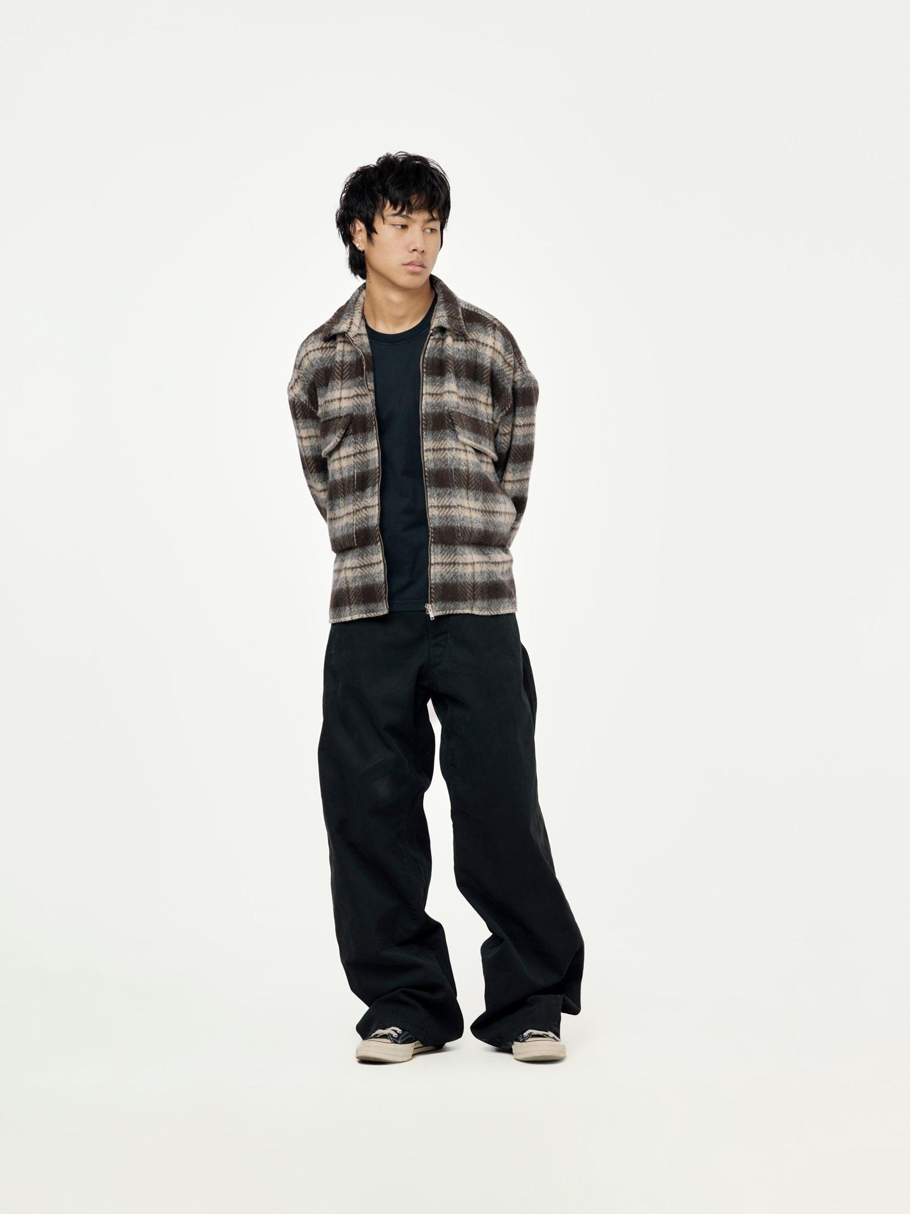 WOOL PLAID QUILTED ZIP UP FLAP POCKET SHIRT (Brown) Product Image