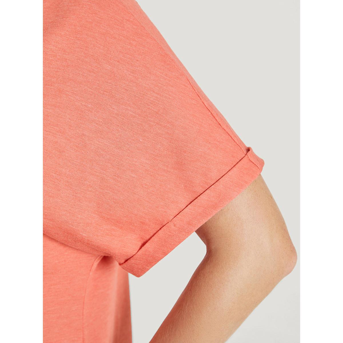 Plus Size Plain Button Detail Roll Dolman Sleeve T-shirt Coral Women Casual Plain V-neck Dailywear T-shirts BloomChic 10/M Product Image