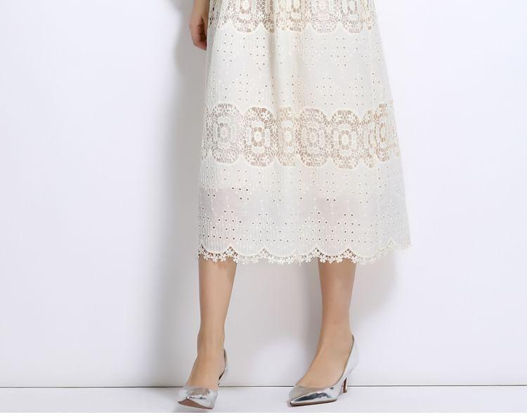 Set: Long Sleeve Stand Collar Plain Button Panel Lace Midi A-Line Dress + Belt Product Image
