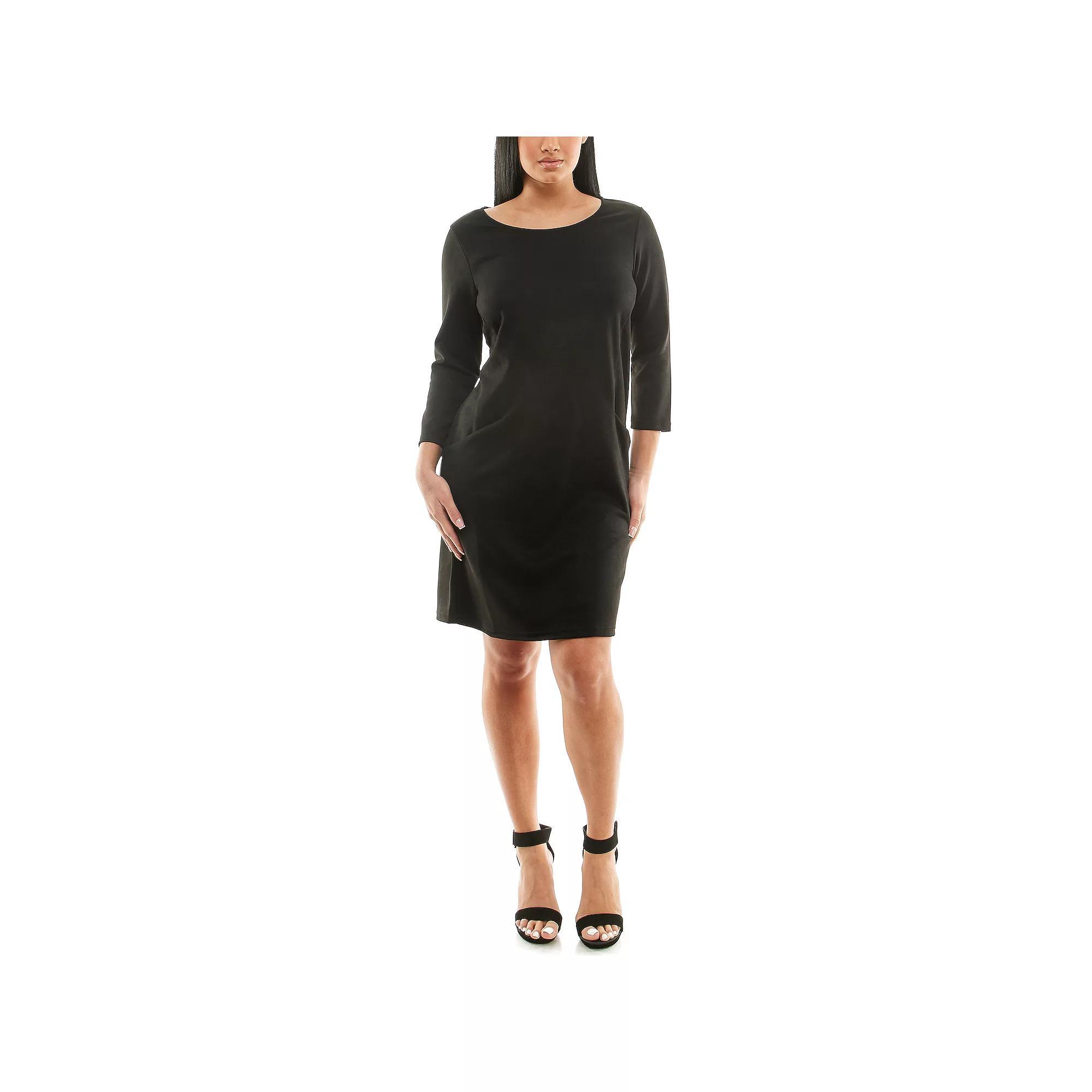 Women's Nina Leonard Jewelneck Three Quarter Sleeve Trapeze Dress, Size: XL, Black Product Image