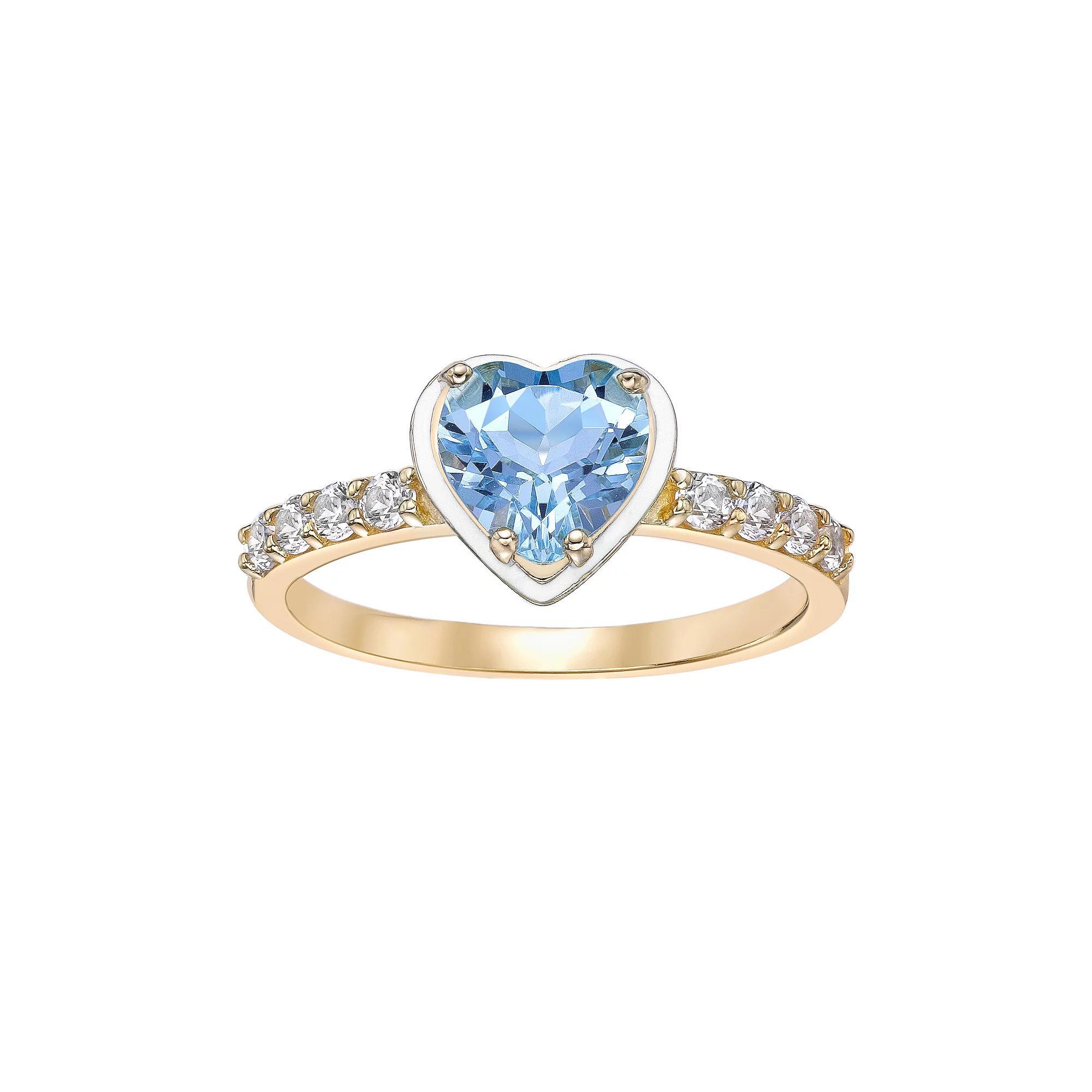 Gemminded 18k Gold Over Silver Blue Topaz & Lab-Created White Sapphire with White Enamel Heart Ring, Women's, Size: 6, Gold Tone Product Image
