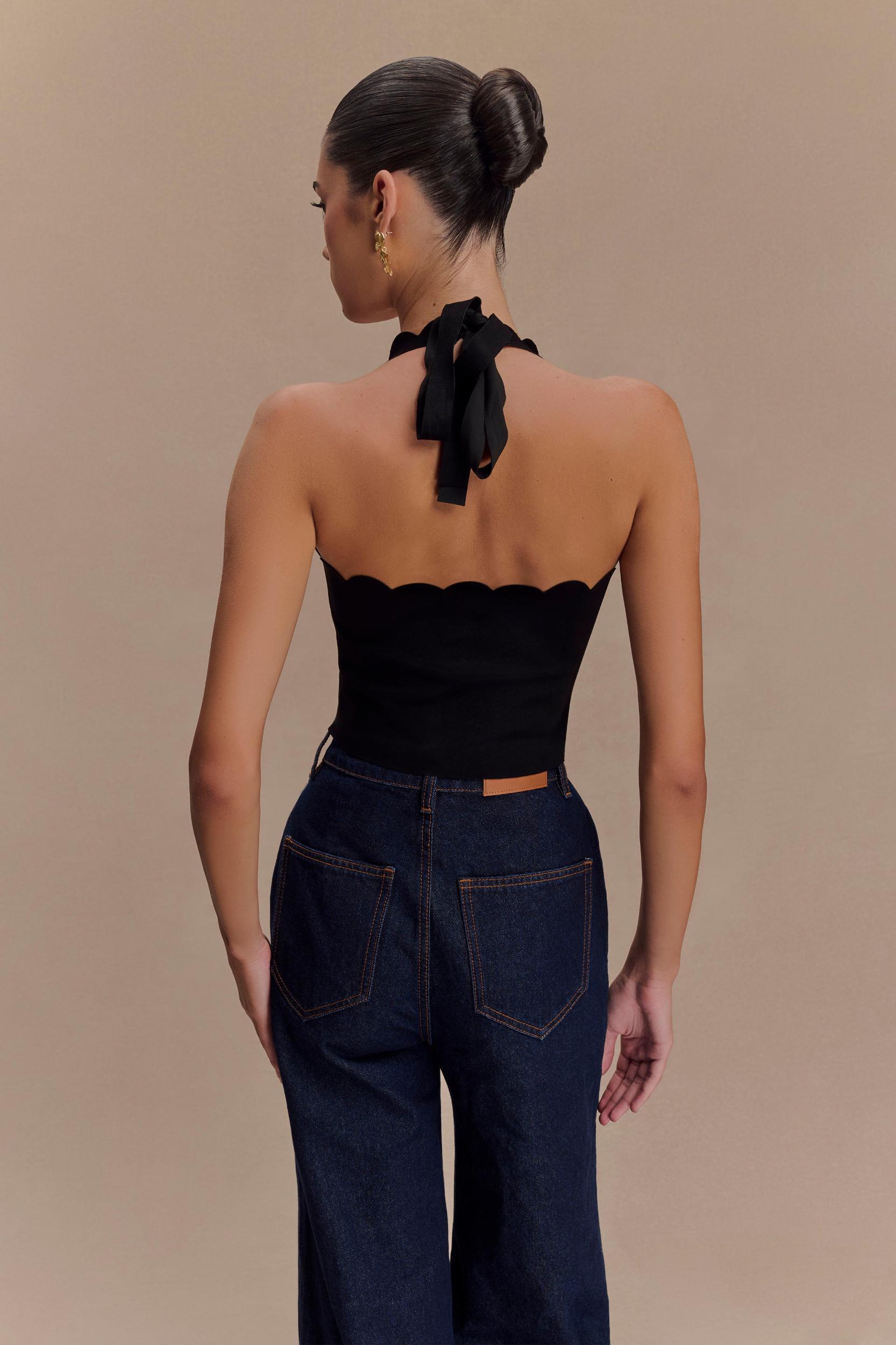 Selena Scalloped Jersey Halter Top - Black Product Image