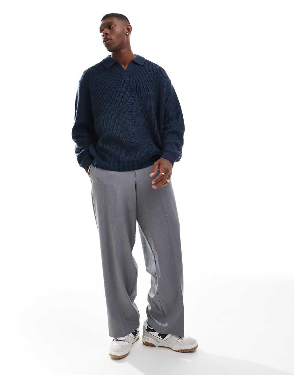 ASOS DESIGN oversized fisherman rib knit notch neck sweater in navy Product Image