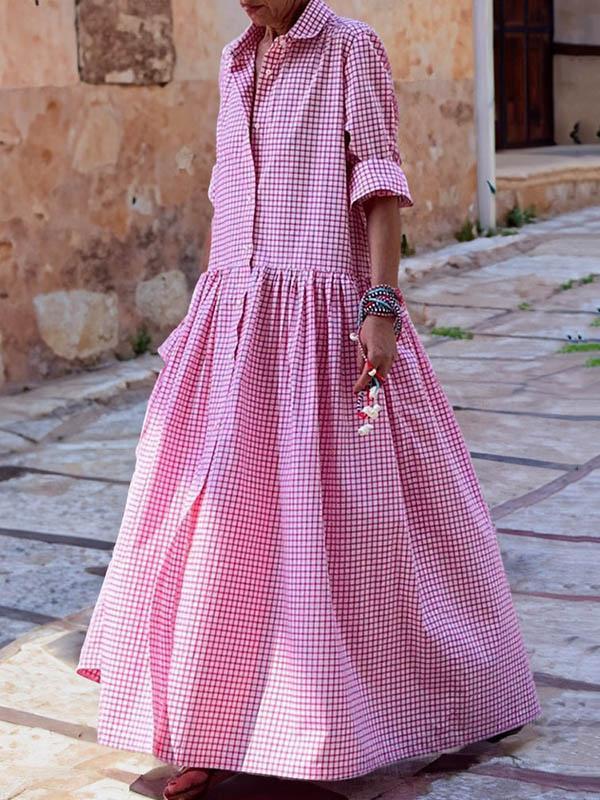 Long Sleeves Loose Buttoned Plaid Pleated Split-Joint Lapel Maxi Dresses Product Image