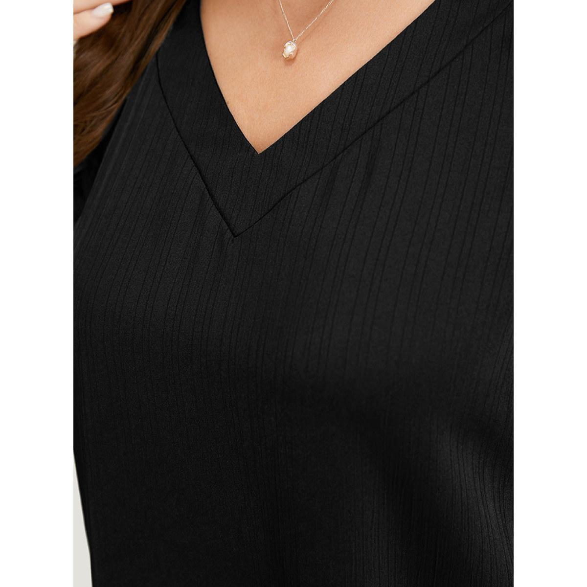 Plus Size Black Plain Cut Out V Neck Blouse Women Office Short sleeve V-neck Work Blouses BloomChic 22-24/3X Product Image