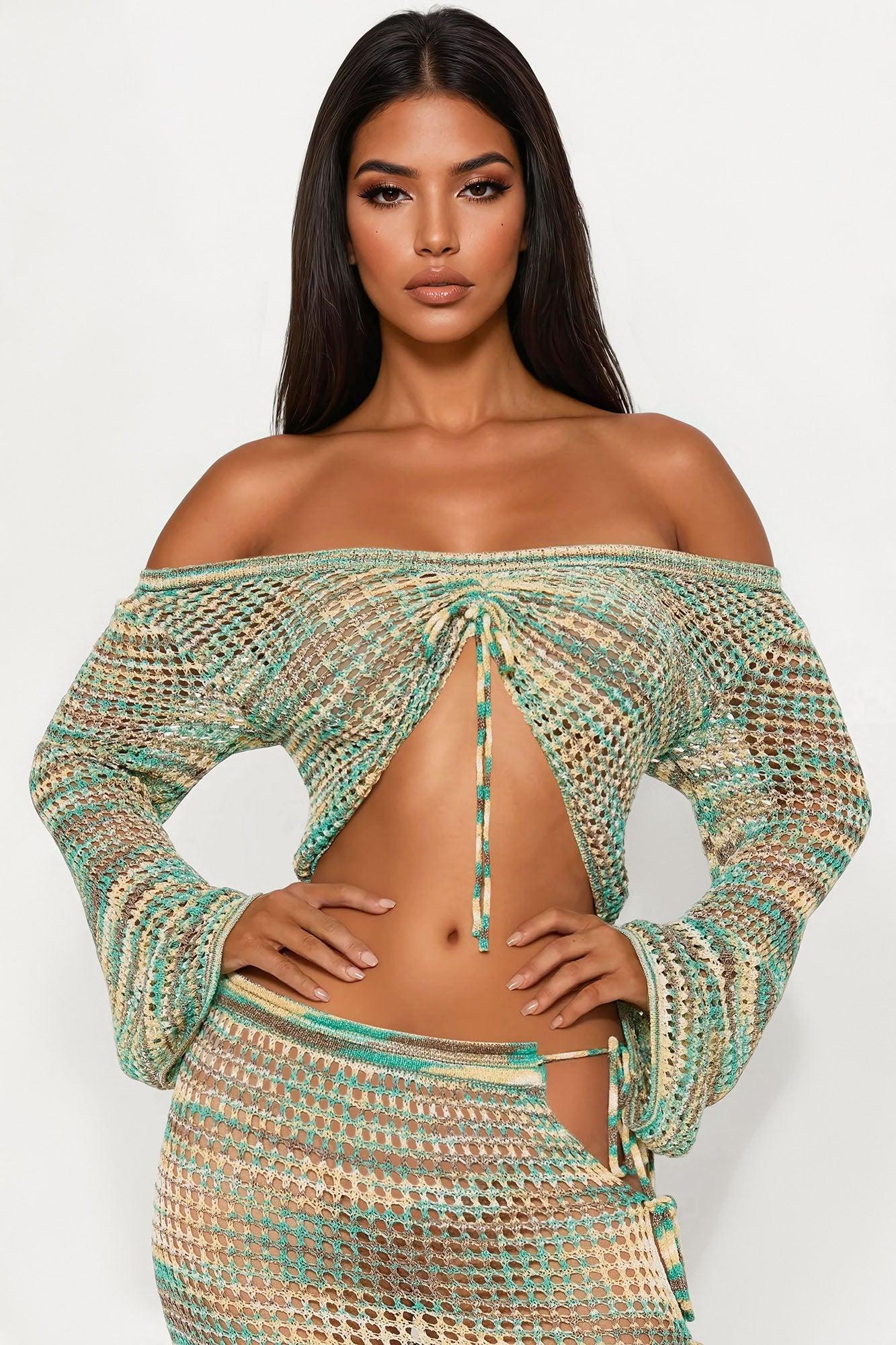 Riley Crochet Off Shoulder Maxi Skirt Set - Green/combo Product Image