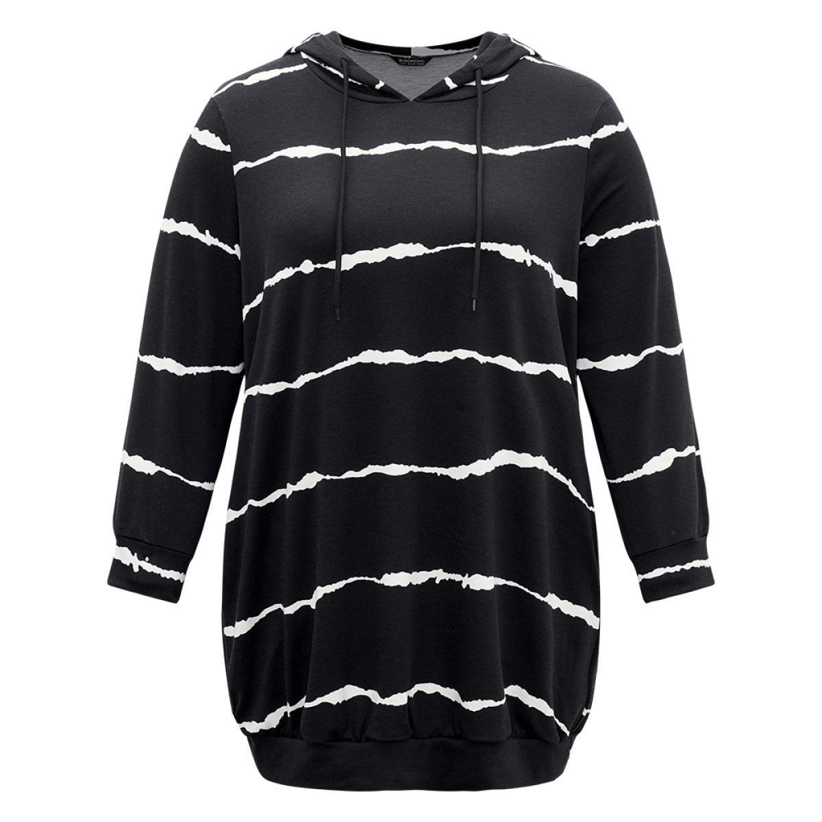 Plus Size Striped Pocket Hooded Drawstring Sweatshirt Women Black Casual Printed Hooded Dailywear Sweatshirts BloomChic 18-20/2X Product Image