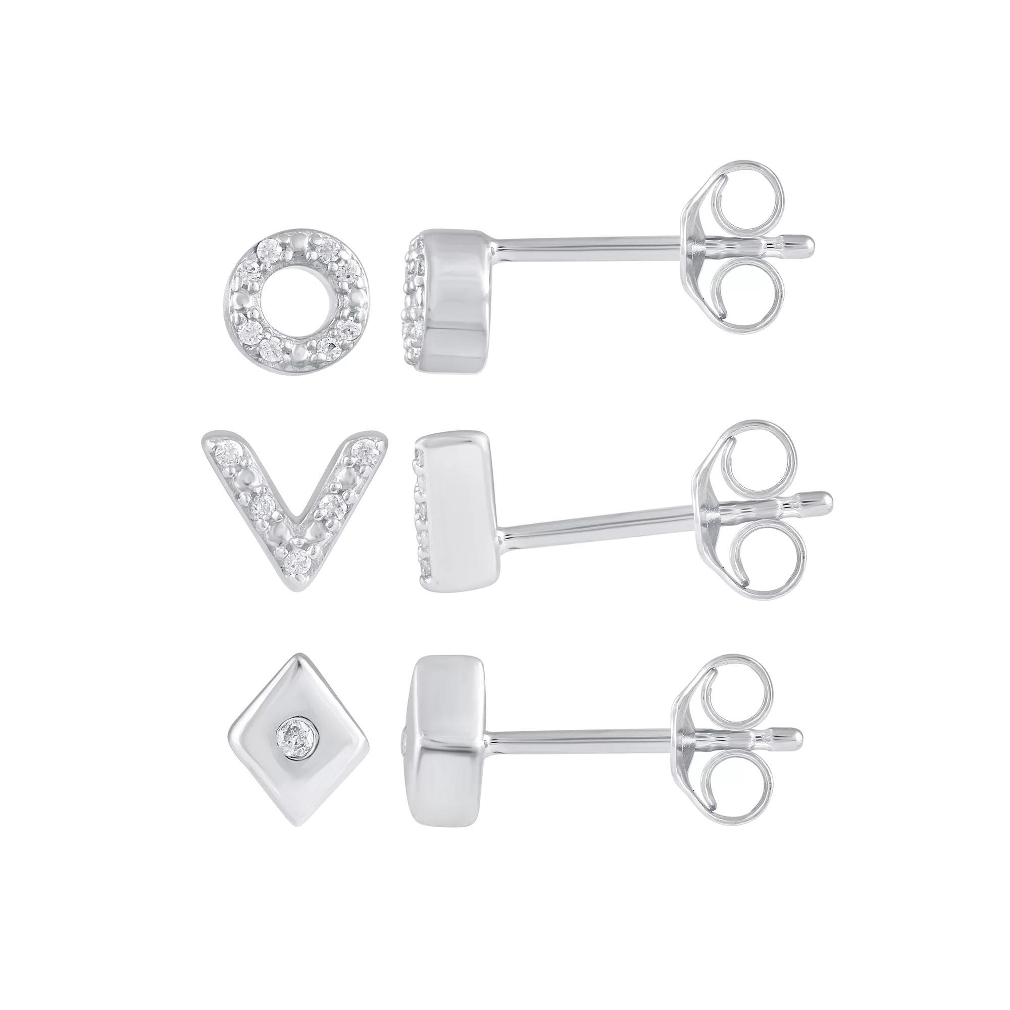 Royal Aura Sterling Silver 1/10 Carat T.W. Diamond Circle, Chevron & Rhombus Stud Earrings, Women's Product Image