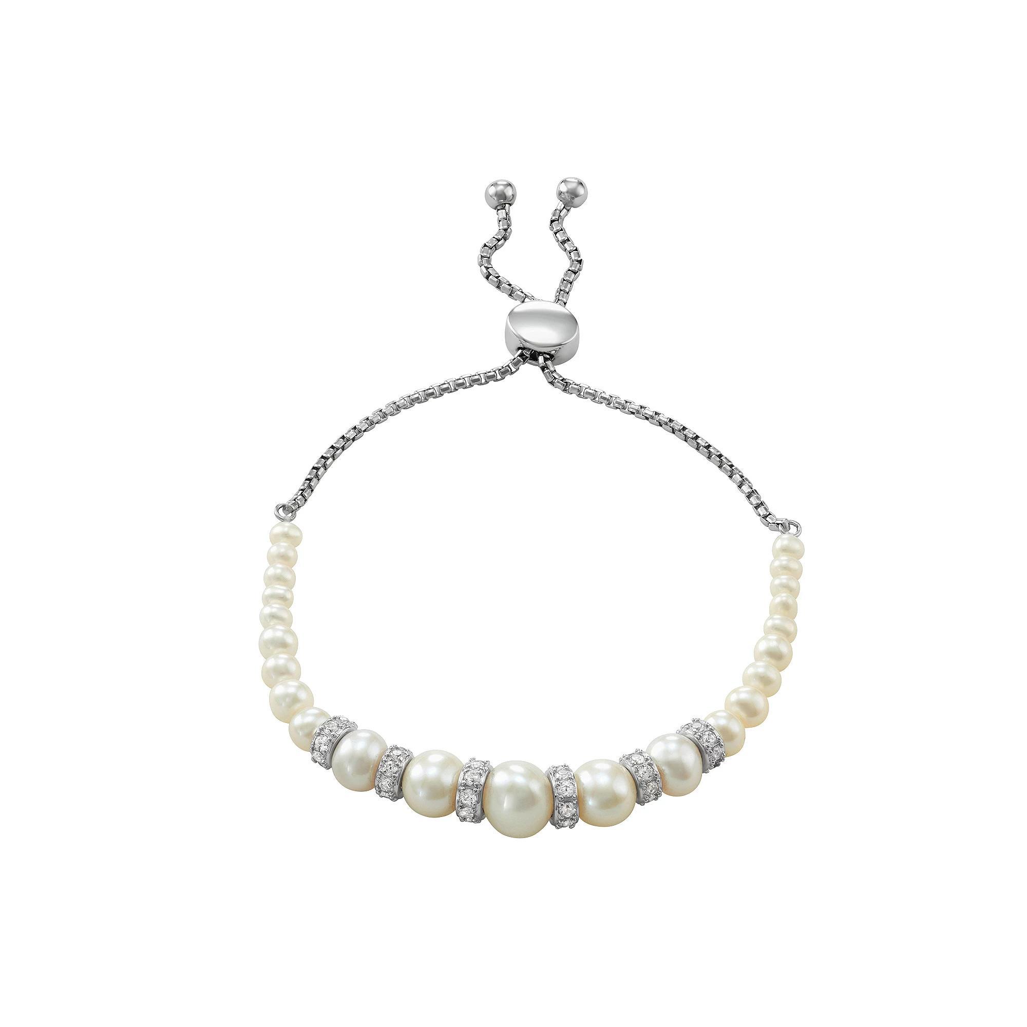 Sterling Silver Freshwater Cultured Pearl & Lab-Created White Sapphire Bolo Bracelet, Women's, Size: 9" Product Image