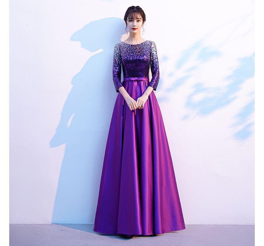 3/4-Sleeve Round Neck Plain Sequin Satin A-Line Evening Gown Product Image