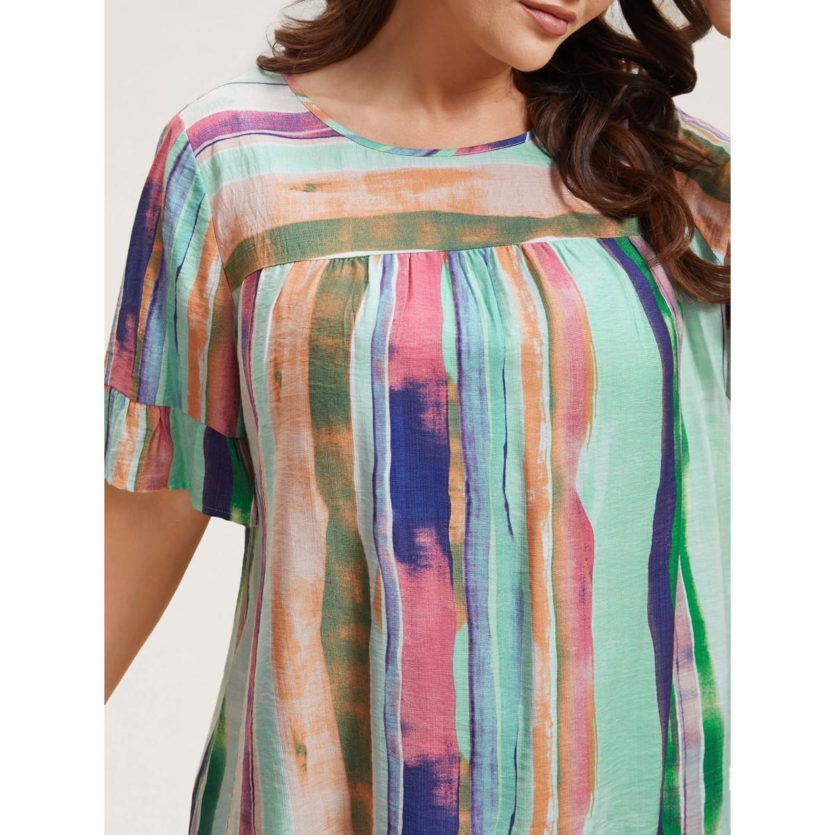 Plus Size Multicolor Multi-Color Striped Curved Hem Shirt Women Casual Half Sleeve Round Neck Everyday Blouses BloomChic 12/L Product Image