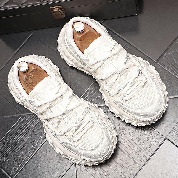 Platform Lettering Debossed Mesh Panel Lace-Up Sneakers Product Image