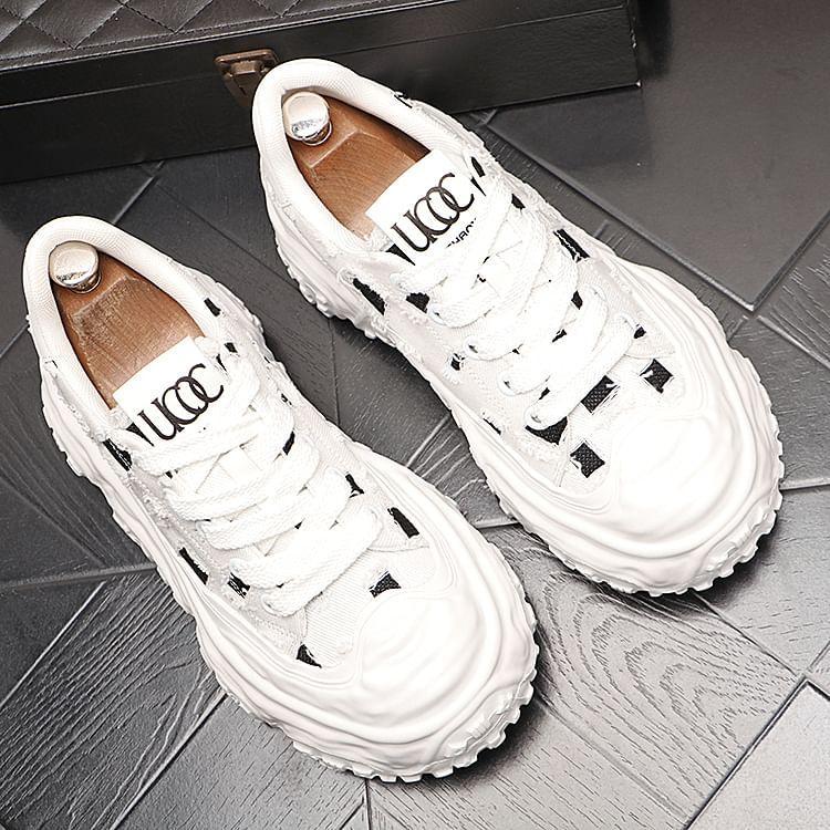 Platform Distressed Lace-Up Canvas Sneakers Product Image