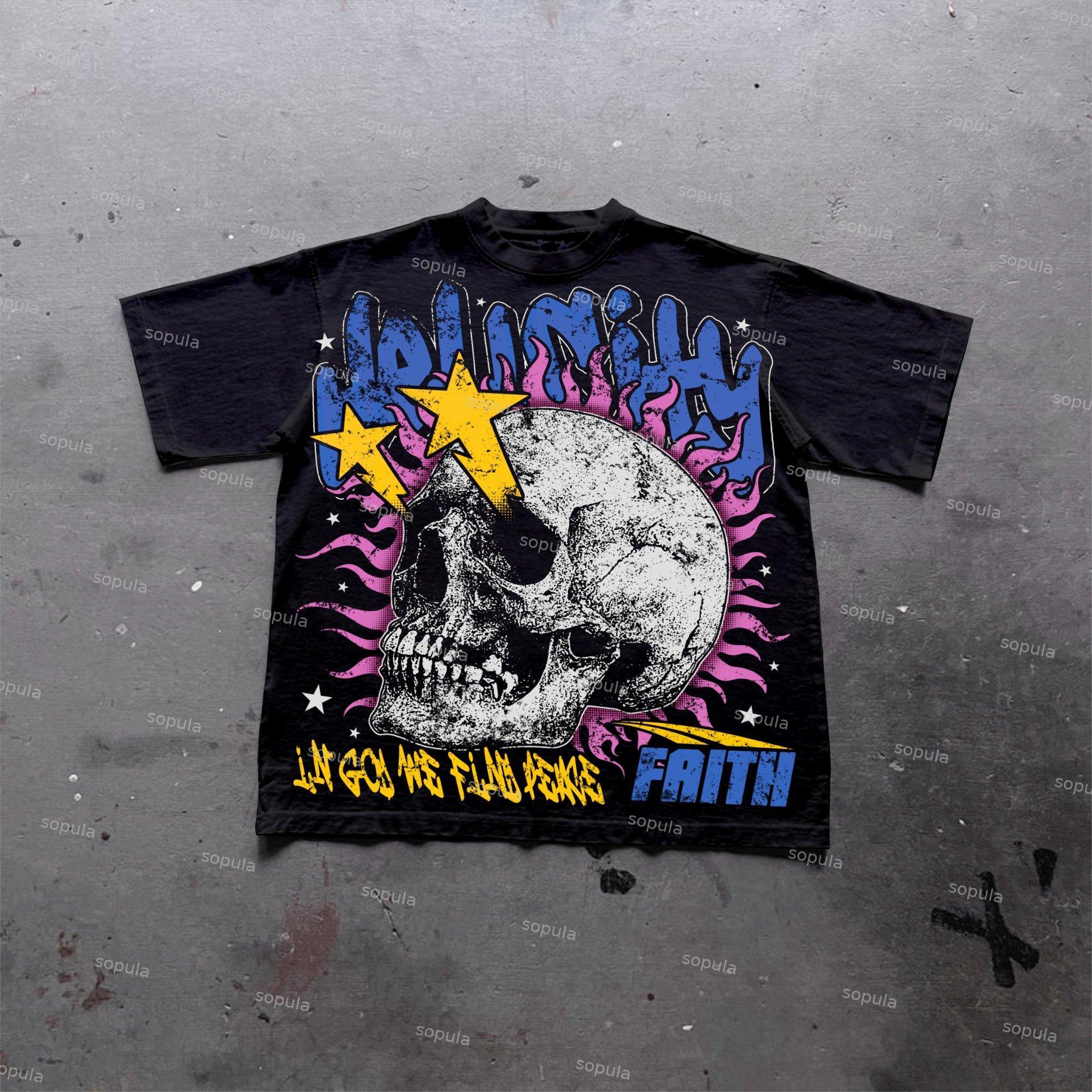 Flame Skull & Hell City Faith Vintage Old Graphic Cotton T-Shirt Product Image