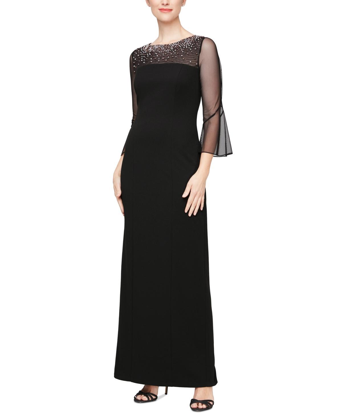 Alex Evenings Long Column Dress with Mesh Bell Sleeves and Heat Set Neckline Women's Dress Product Image