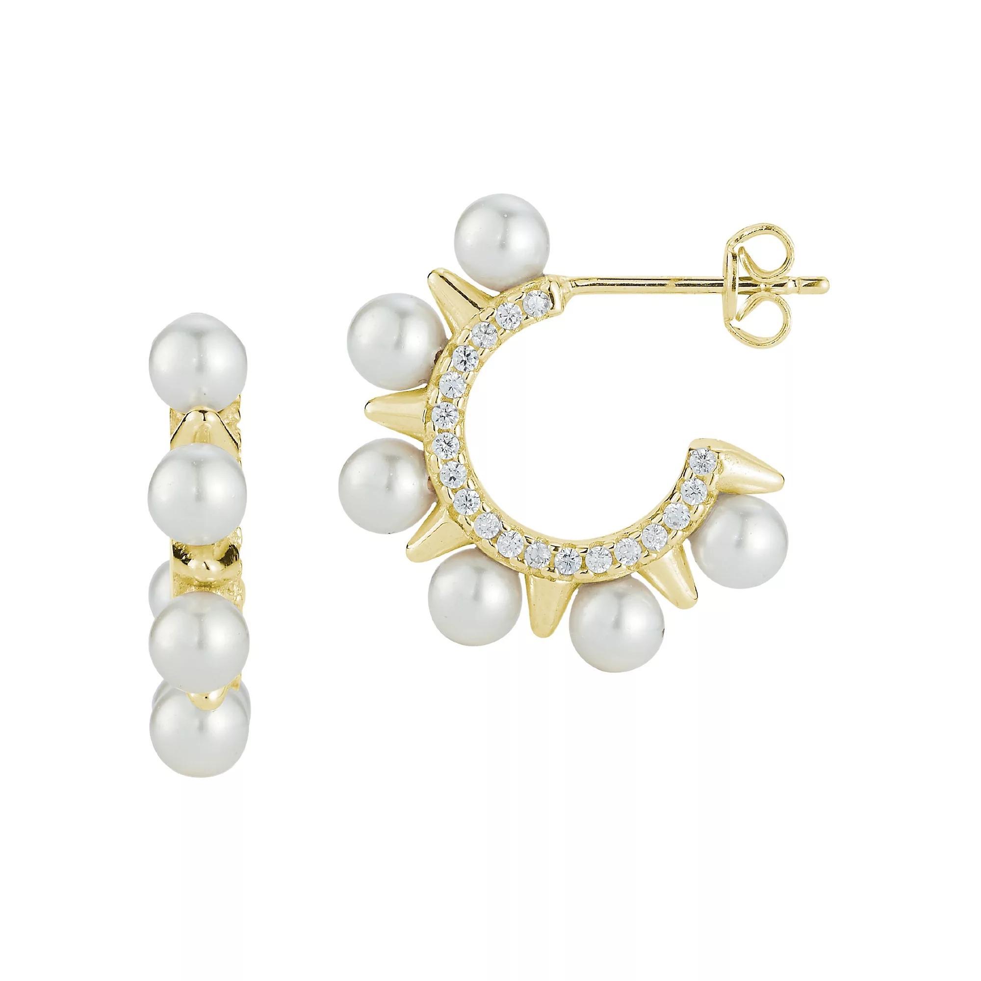 Sunkissed Sterling Freshwater Cultured Pearl & Cubic Zirconia Spike Hoop Earrings, Womens, Silver Tone Product Image